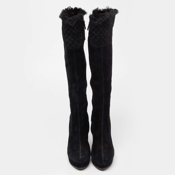 GUCCI Black Suede Courtney Microguccissima Logo Wedge Knee High Boots 37.5 - Picture 2 of 11